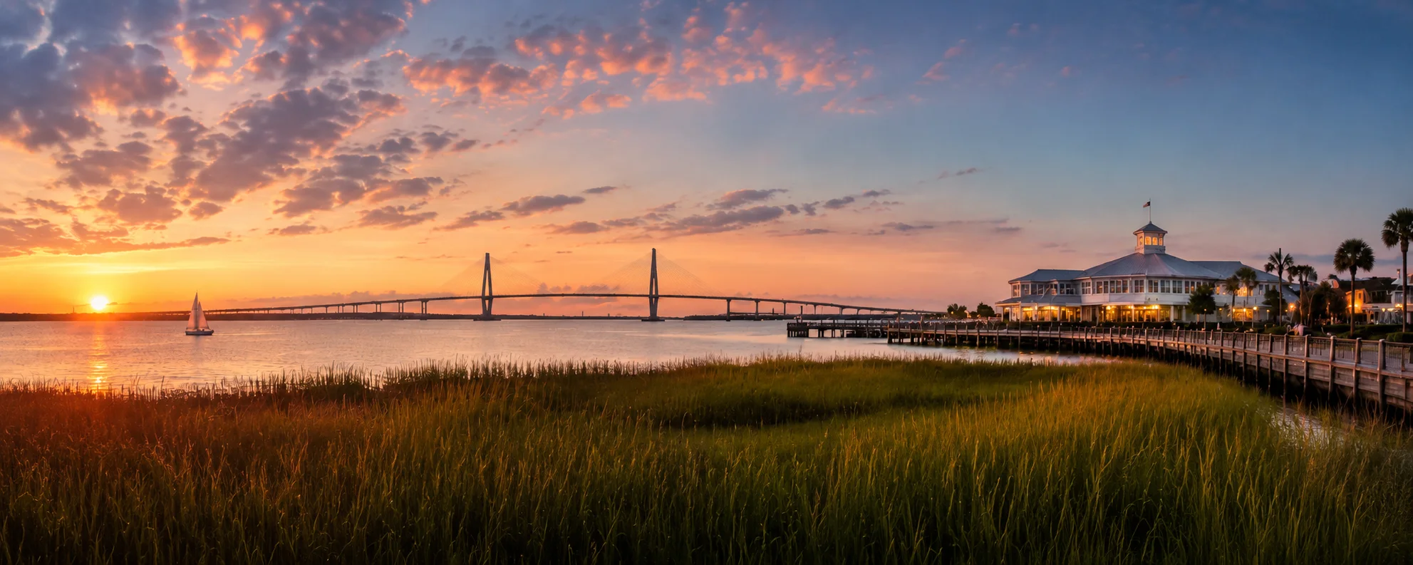 Charleston harbor and the Ravenel Bridge at sunset
