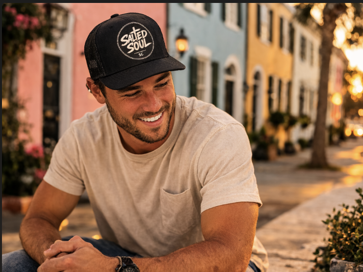 A man in a Salted Soul hat on a Charleston street in front of the pastel houses of Rainbow Row at golden hour