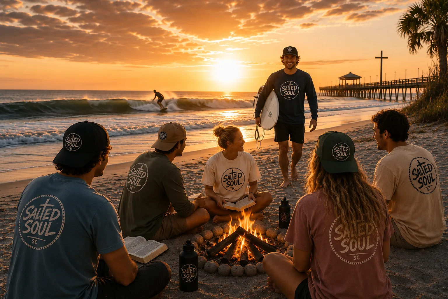 Friends gathered around a beach campfire at sunset with an open Bible, sharing faith and conversation